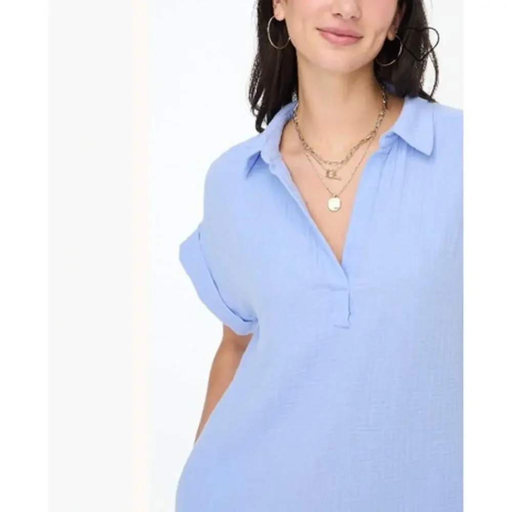 NWT J. Crew Short-Sleeve Gauze Popover Dress 100 % Cotton Blue S *Flaw